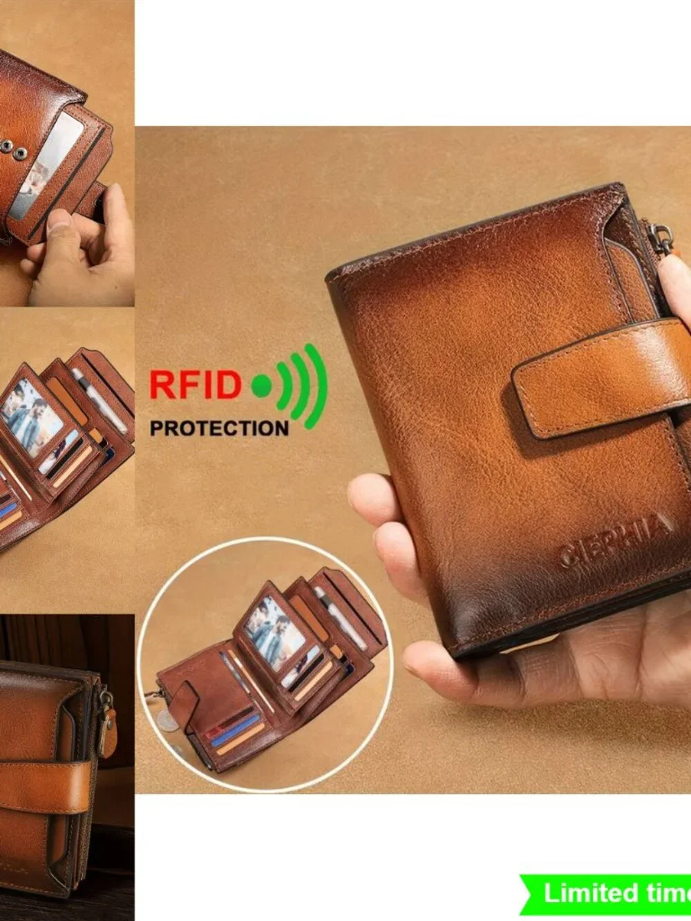 Vintage Leather Men's Wallet with RFID Blocking, 12 Card Slots